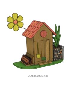 DIY 3d stained glass design of a tiny house with a garden flower bed, available for purchase to make your own stained glass garden art at home.