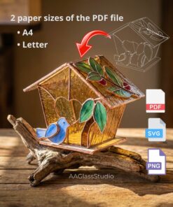 Decorative stained glass birdhouse on rustic driftwood displaying amber walls, blue bird and botanical leaf accents. stained glass svg, pdf, png