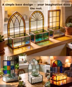 Collage of decorative mini stained glass windows showcasing intricate stained glass art inspired by antique stained glass windows