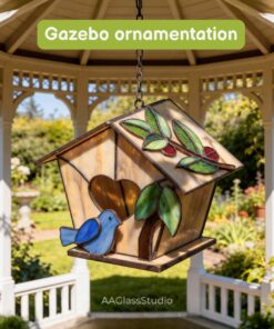 outdoor stained glass garden decor, tiny birdhouse