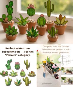 Mini succulent arrangements in stained glass containers with a simple stained glass windows pattern — beautiful stained glass succulents for modern interiors