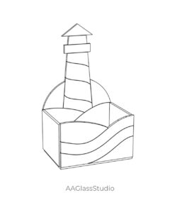 Outline drawing of a 3d stained glass lighthouse in a box, illustrating lighthouse stained glass patterns for DIY stained glass projects.