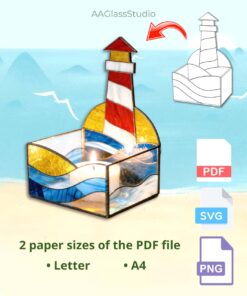 Glowing 3D stained glass lighthouse in a box format, showcasing beautiful lighthouse stained glass patterns and precision 3d stained glass construction.