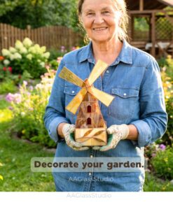 Golden harvest stained glass box with windmill design held by a woman in a farmhouse garden