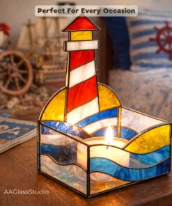 3D lighthouse memorabilia piece that functions as a light box stained glass decor and one of the unique stained glass candle holders, with a candle glowing inside the box.
