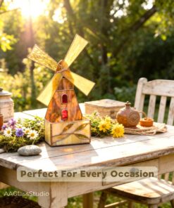 Stained glass box windmill pattern on a rustic farmhouse garden table with wildflowers and warm sunlight