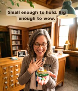 Stained glass book stack gift held in hand — beginner copper foil pattern by AA Glass Studio