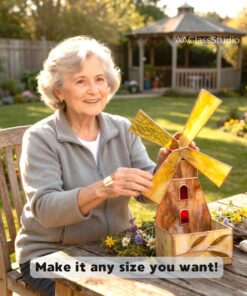modern stained glass windmill held by a woman in a farmhouse garden