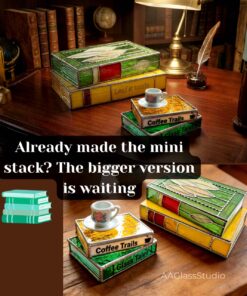 Larger stained glass book stack on a library desk — intermediate copper foil pattern, next level from the mini book box design