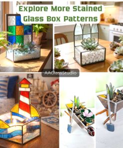 our simple stained glass art, window, lighthouse, wheelbarrow