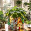Peaceful Woodland Village Stained Glass Planter Pattern - home decor