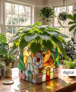 Peaceful Woodland Village Stained Glass Planter Pattern - home decor