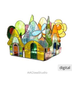 Enchanted Forest Village 3D Stained Glass Pattern: Magical Gnome Town Planter Cover