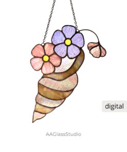 Floral seashell stained glass pattern PDF digital download for DIY nautical suncatcher projects.