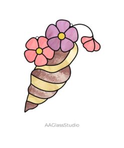 Printable conch shell stained glass pattern with floral accents, beach-themed DIY glass art template.