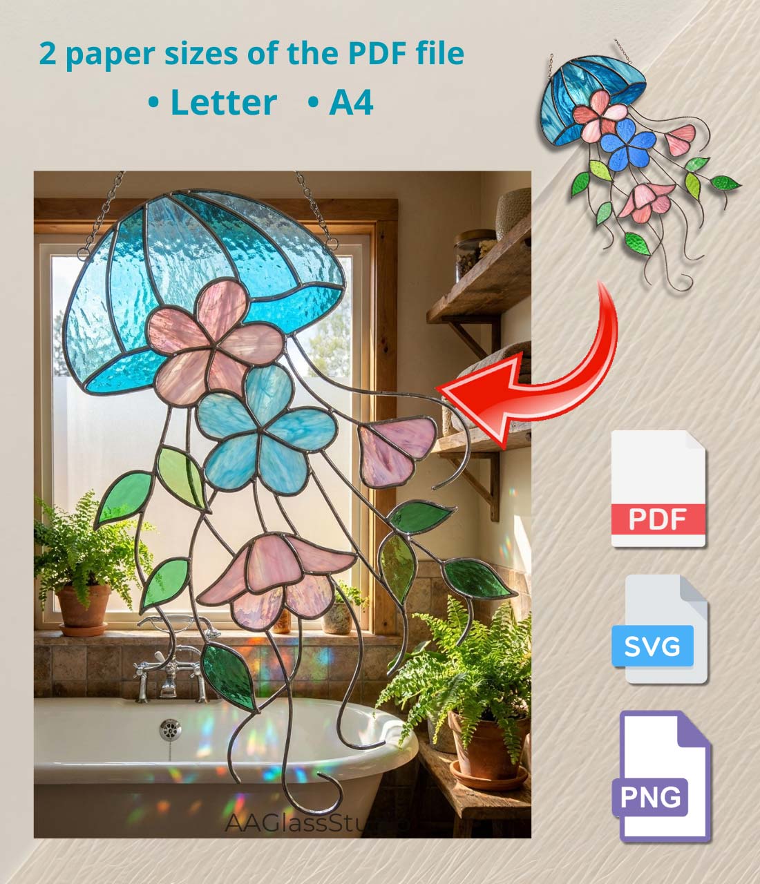 Floral Jellyfish Stained Glass Pattern: Whimsical Nautical - Image 3