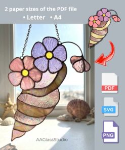 Elegant coastal seashell stained glass ornament reflecting sunlight in a cozy beach-style living room. All format files
