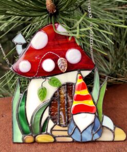 Gnome Mushroom House Suncatcher - Stained Glass Window Hanging Art - window decor