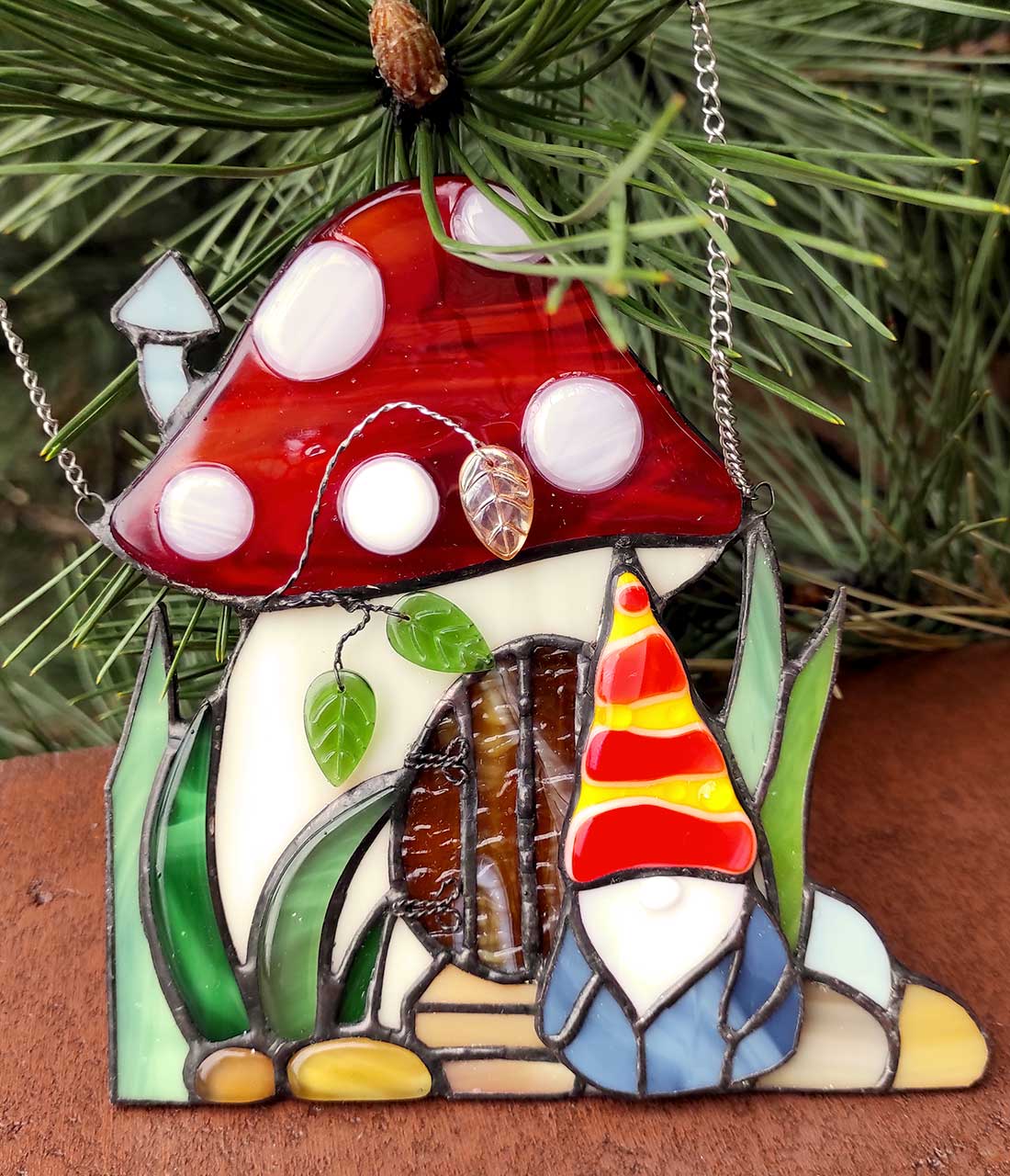 Gnome Mushroom House Suncatcher - Stained Glass Window Hanging Art - window decor