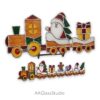Christmas train stained glass pattern with Santa Claus, Snowman and Gingerbread Man in holiday railcars