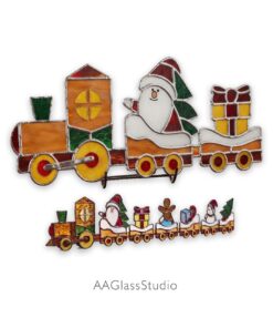 Christmas train stained glass pattern with Santa Claus, Snowman and Gingerbread Man in holiday railcars