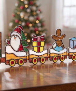 Finished stained glass Christmas train panel made from AA Glass Studio holiday pattern