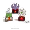 Group of three lit 3D Halloween stained glass candle holders: purple bat green cauldron and spider web