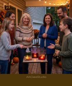 A happy family admiring the lit Haunted Hearth Trio: 3D Stained Glass Halloween Patterns on a porch