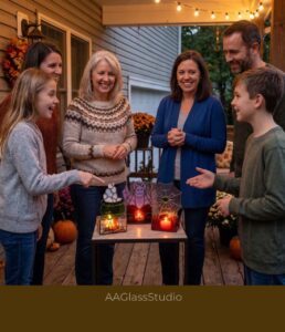 A happy family admiring the lit Haunted Hearth Trio: 3D Stained Glass Halloween Patterns on a porch