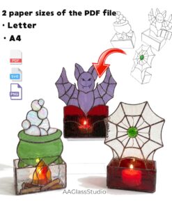 Information graphic for Haunted Hearth Trio: 3D Stained Glass Halloween Patterns showing SVG PNG and PDF formats