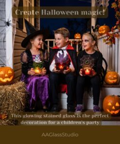 Kids in costumes holding glowing votives made from Haunted Hearth Trio: 3D Stained Glass Halloween Patterns