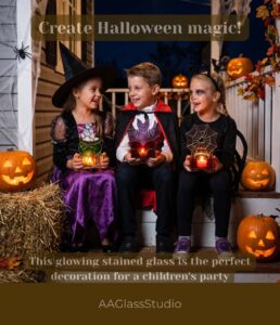 Kids in costumes holding glowing votives made from Haunted Hearth Trio: 3D Stained Glass Halloween Patterns