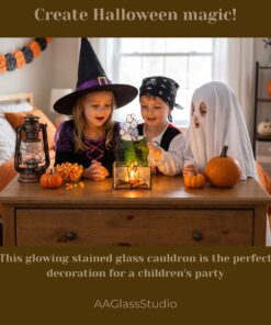 Three children dressed as a witch a pirate and a ghost sit at a wooden table mesmerized by a glowing stained-glass cauldron-shaped candlestick. Nearby stands an antique lantern pumpkins and a bowl of candy. The interior is decorated for Halloween