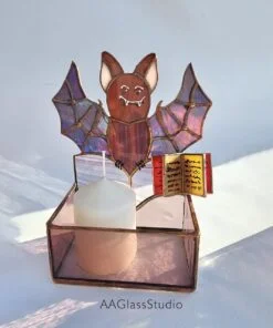 vintage stained glass candle holder a bat with a book of spells