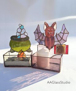 halloween stained glass patterns a bat with a spell book and a witch's cauldron with a fire