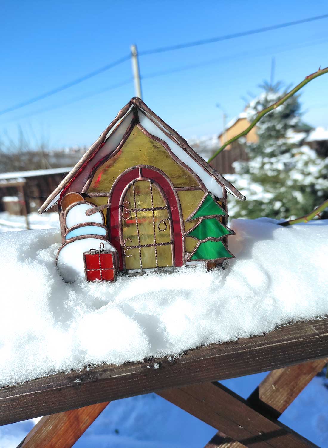 Complete handcrafted 3D stained glass Christmas house with glowing LED lights