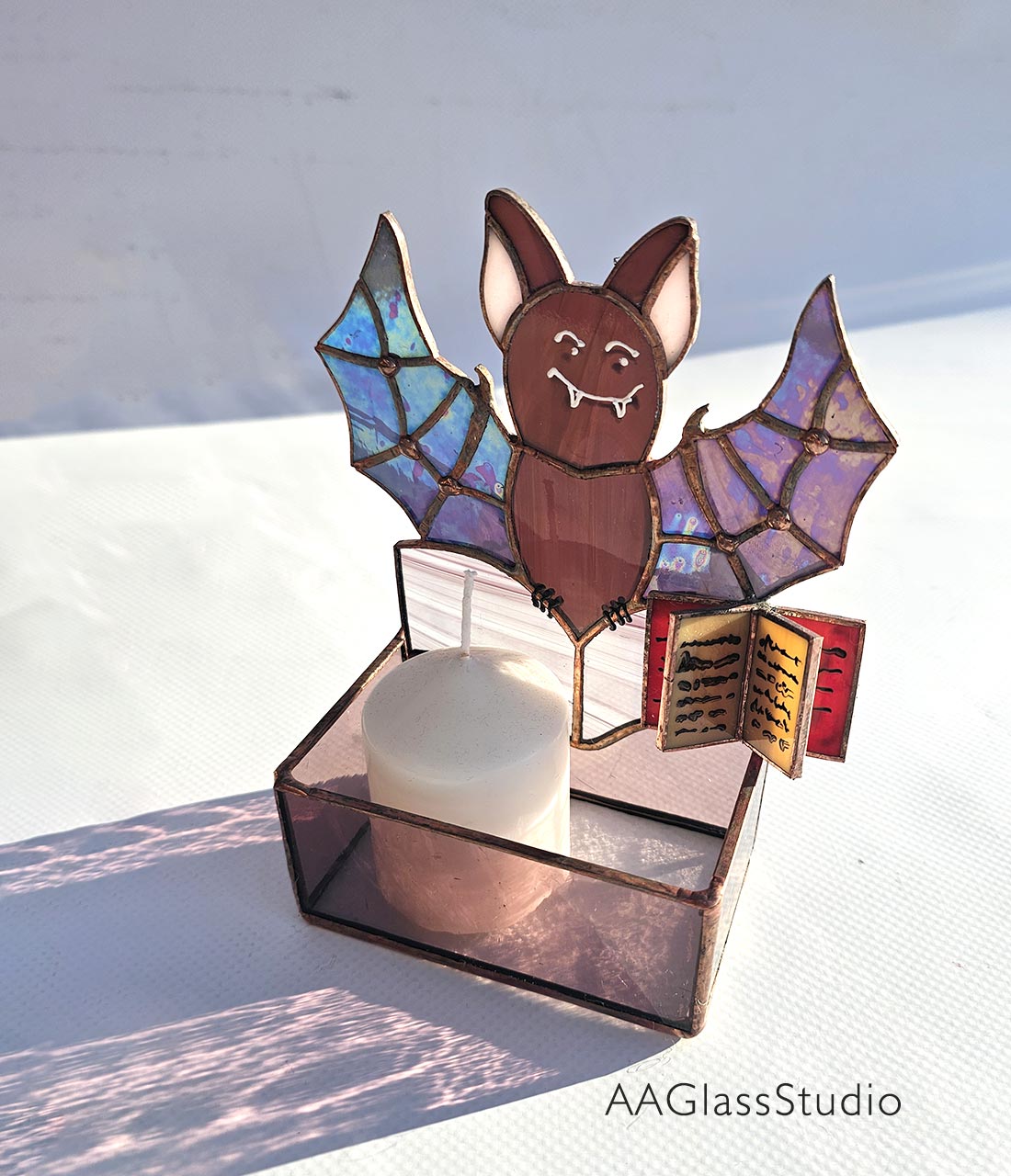stained glass candle holder bat. Halloween table decor