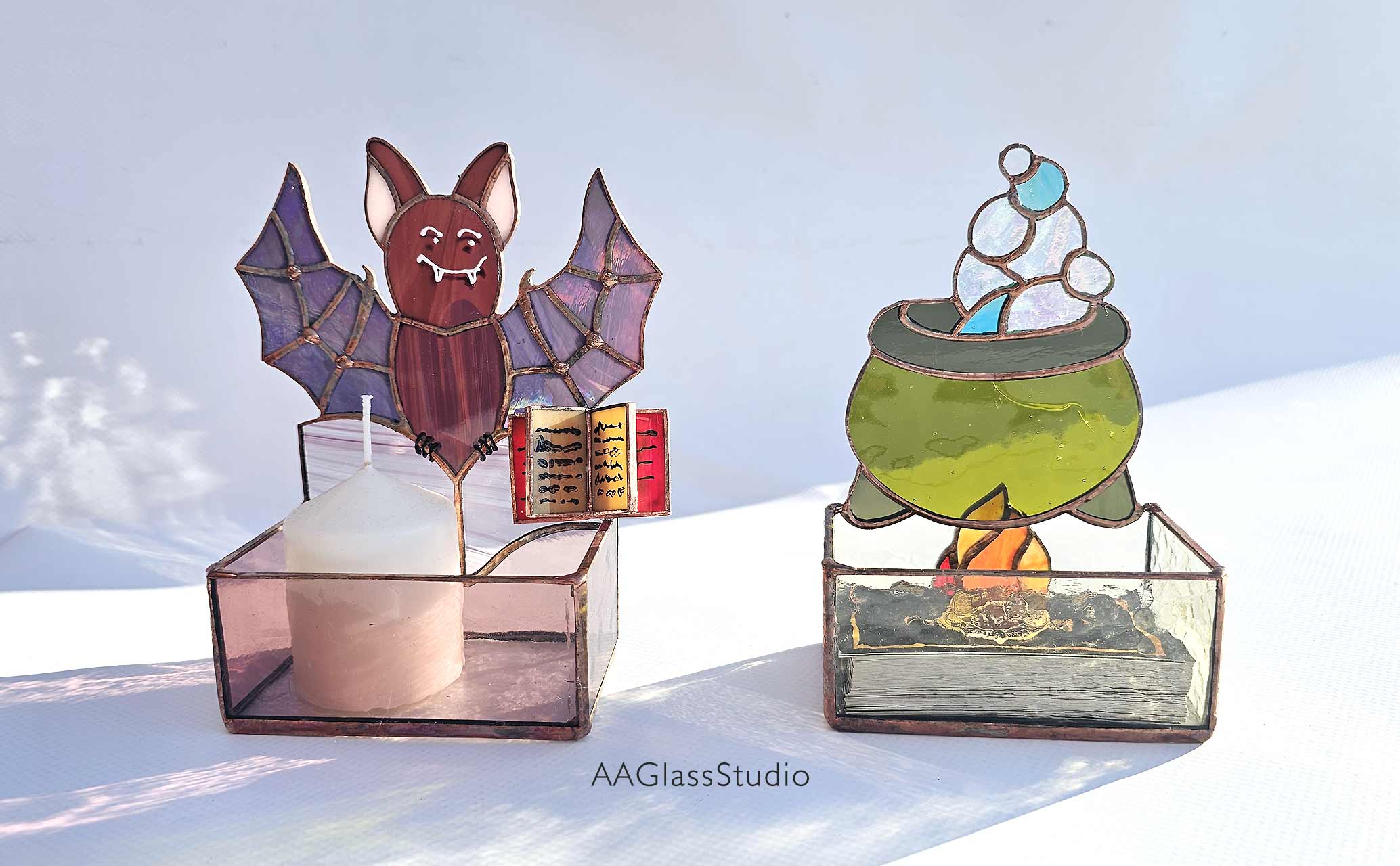 stained glass patterns halloween bat box and witch's cauldron