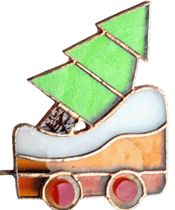 Stained glass suncatcher wagon with a decorated Christmas tree for the stained glass Christmas train