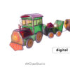 3D stained glass train locomotive and wagon on a white background with the AAGlassStudio digital pattern watermark