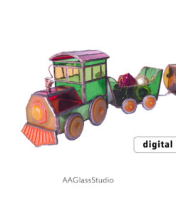 3D stained glass train locomotive and wagon on a white background with the AAGlassStudio digital pattern watermark