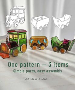 One stained glass train pattern includes a locomotive and two wagons, with printed assembly line drawings above each finished piece