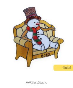 Boss Snowman stained glass pattern - finished suncatcher of a snowman in Santa's chair