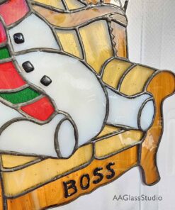 Boss Snowman stained glass pattern - close-up of the BOSS lettering on the armchair base