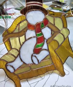 Boss Snowman stained glass pattern - finished suncatcher soldered and patinated on the workbench
