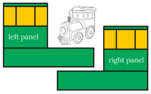 Assembly diagram of the 3D stained glass locomotive showing the left panel and the right panel with all numbered glass pieces laid out flat